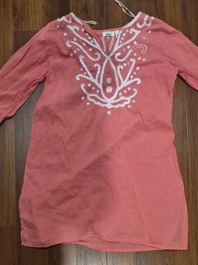 Dalin Coral Tunic with White Embroidered V-Neck